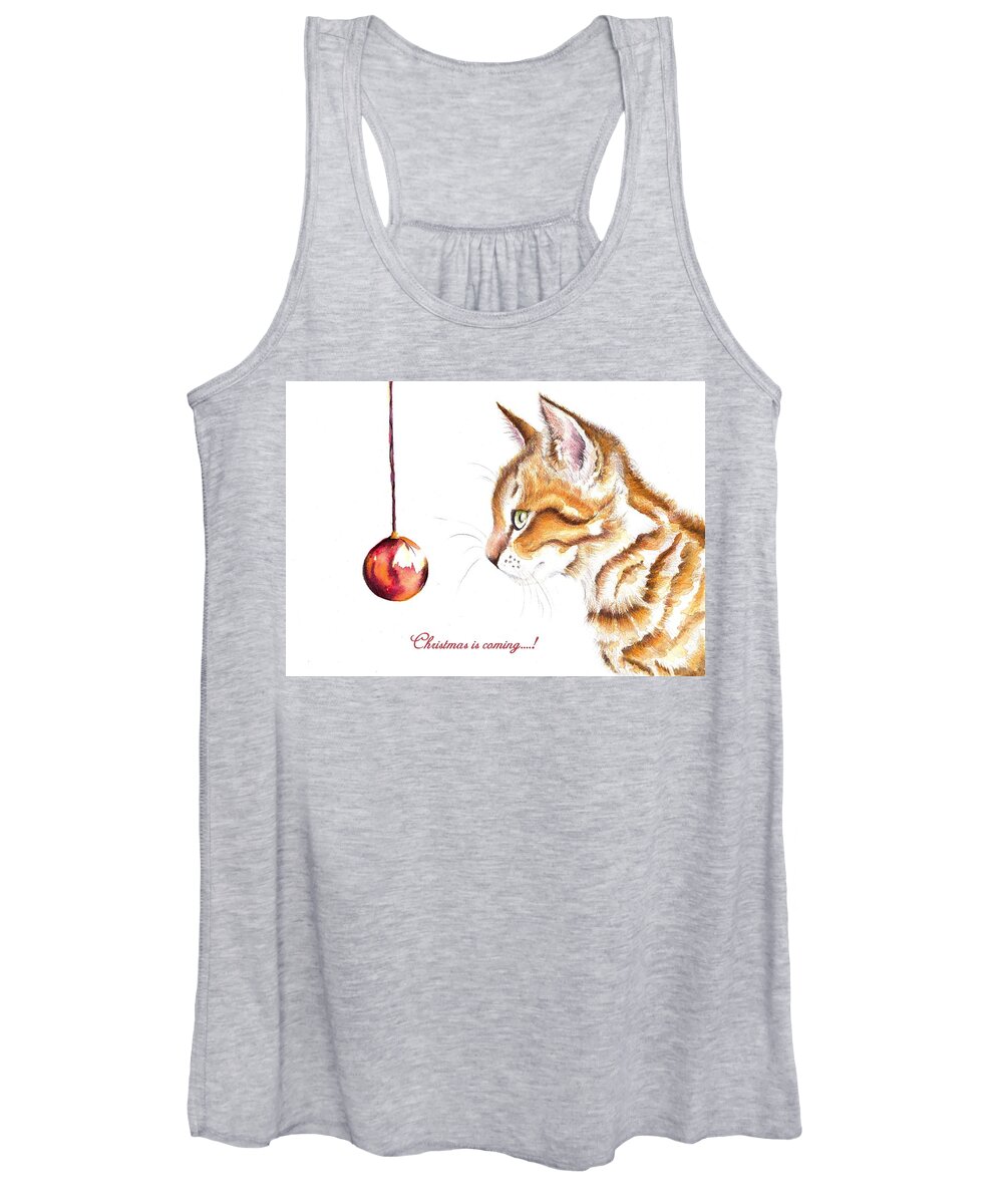 Cats Women's Tank Top featuring the painting Tabby Cat and Bauble - Christmas IS Coming 1 by Debra Hall