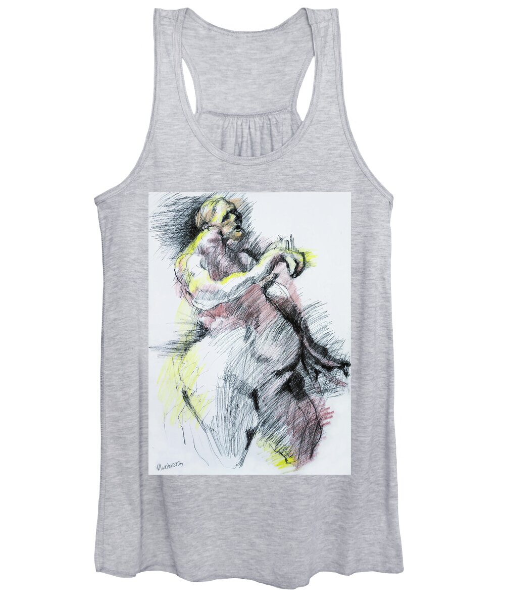 #charcoal #colorpencils #charcoalonpaper #charcolaandcolorpencils #paintingwomen #drawingwomen #olygodactyly Women's Tank Top featuring the drawing Drawing of a Woman 45 by Veronica Huacuja