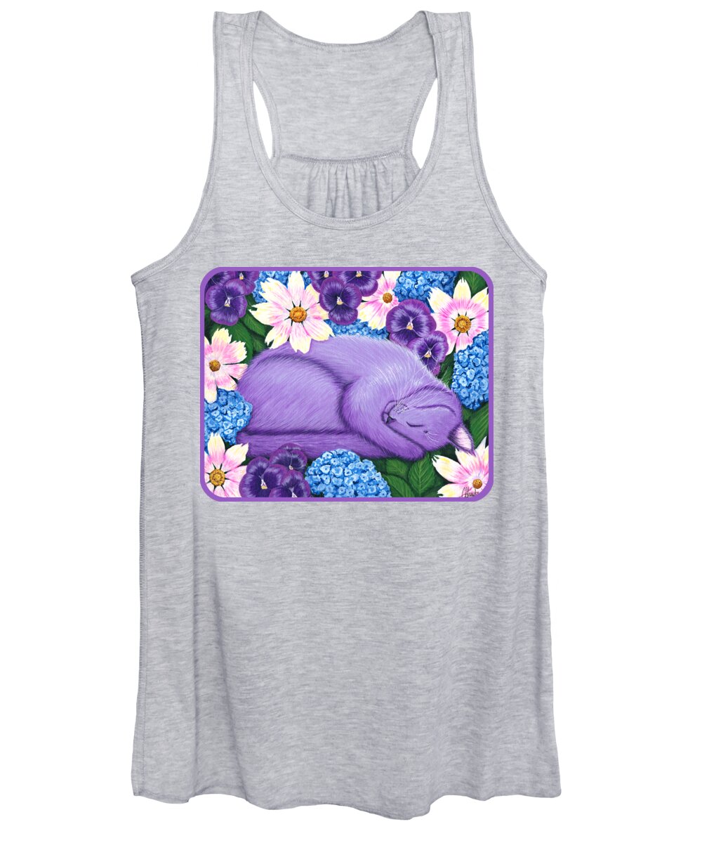 Dreaming Women's Tank Top featuring the painting Dreaming Sleeping Purple Cat Spring Flowers by Carrie Hawks