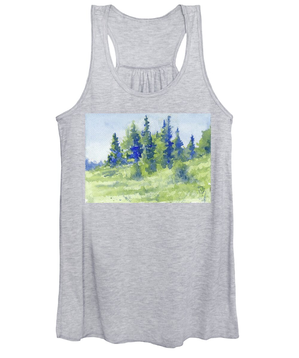 Evergreen Women's Tank Top featuring the painting Evergreen Hillside Duo Tone Study by David King Studio