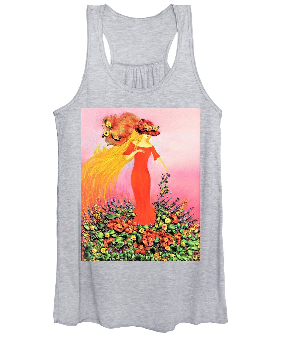 Wall Art Home Décor Lady Fairy Flowers Fields Morning Ribbons Women's Tank Top featuring the mixed media Fairy Fields by Tanya Harr