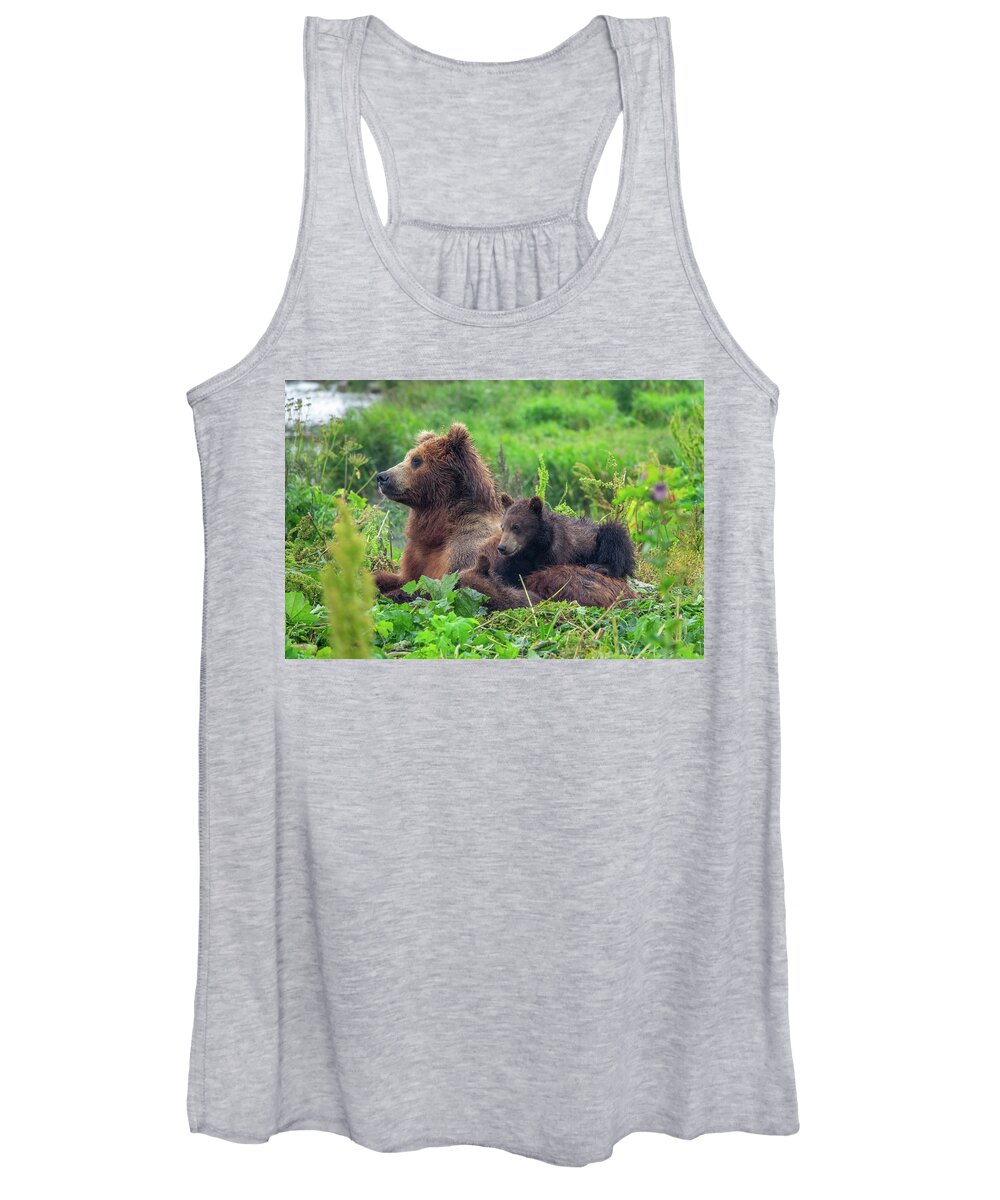 Bear Women's Tank Top featuring the photograph Female Brown Bear And Her Cubs by Mikhail Kokhanchikov