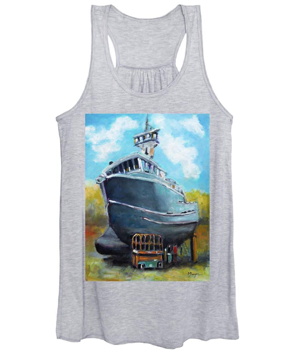 Fishing Boat Women's Tank Top featuring the painting Fishing Boat at Drydock by Mike Bergen