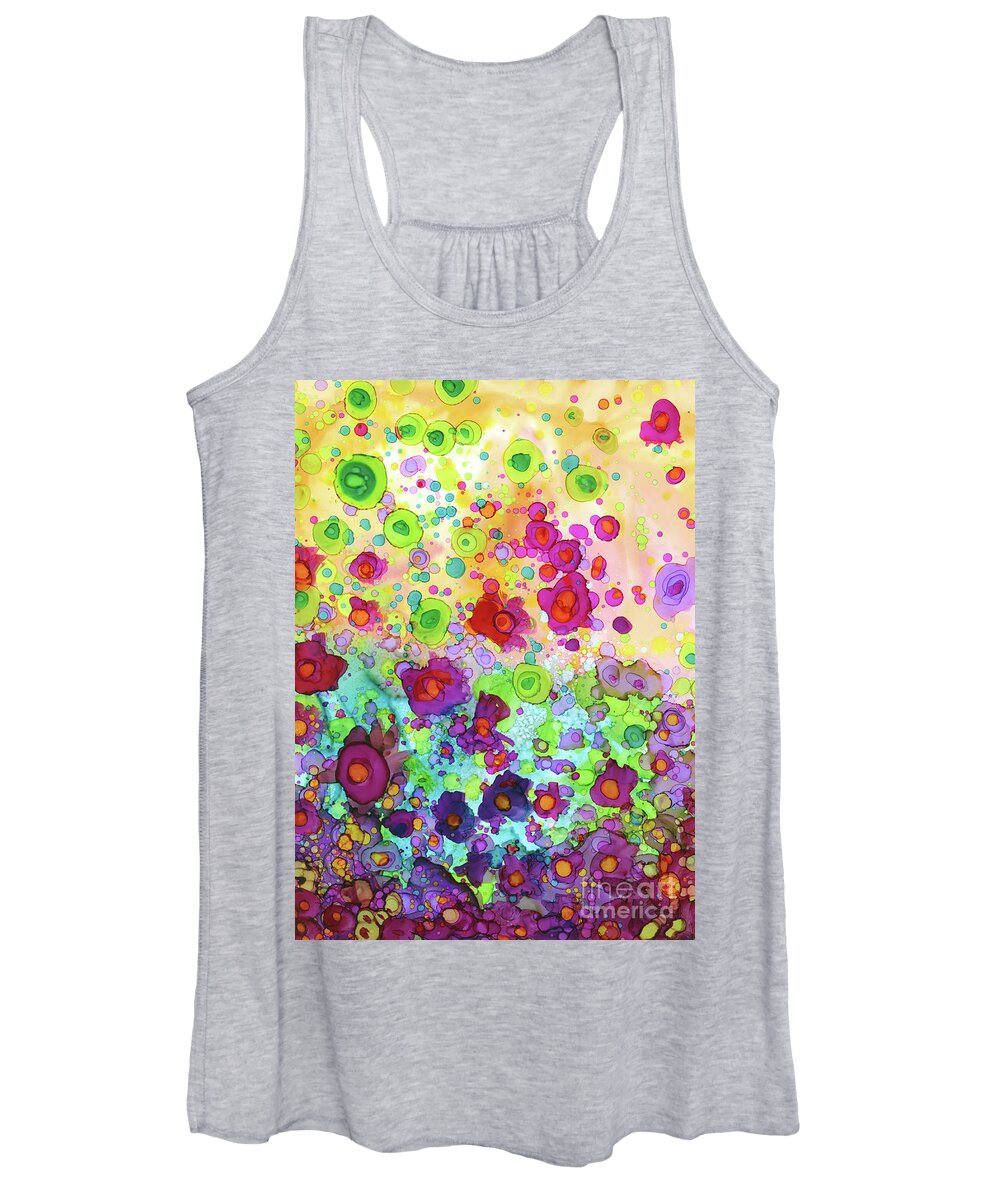 Whimsical Women's Tank Top featuring the painting Floating Pink Flowers Spring Day Painting by Joanne Herrmann