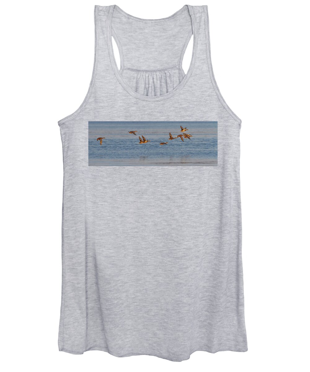 Duck Women's Tank Top featuring the photograph Flock of female mallard ducks flying together by Elenarts - Elena Duvernay photo