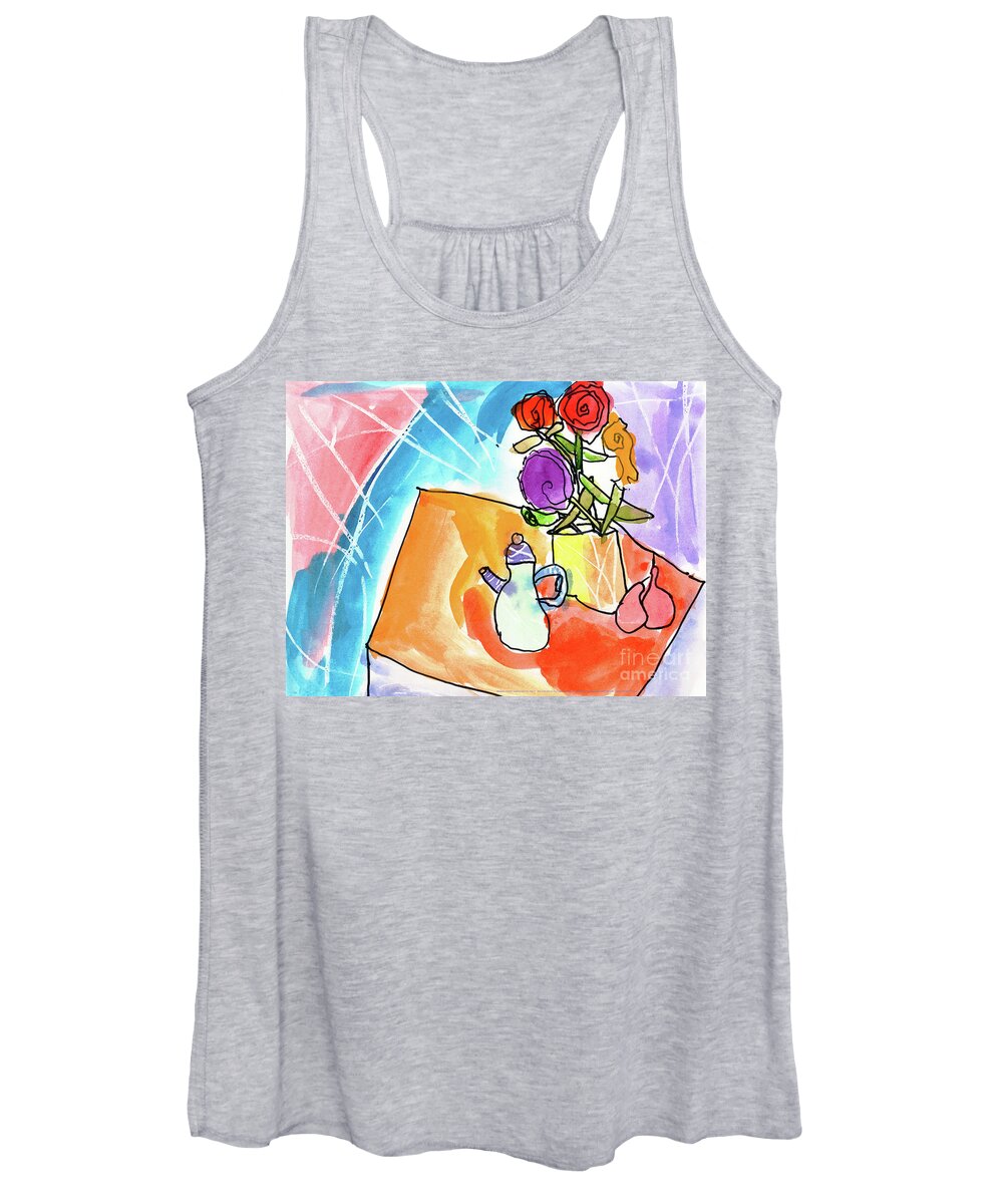 Flowers Roses Tea Pot Pears Art By Kids Colorful Cute Red Pink Blue Orange Teal Purple Cubism Table Watercolor Child Children Kids Did It Designs Women's Tank Top featuring the painting Flowers by Stephen DeVito Age 7