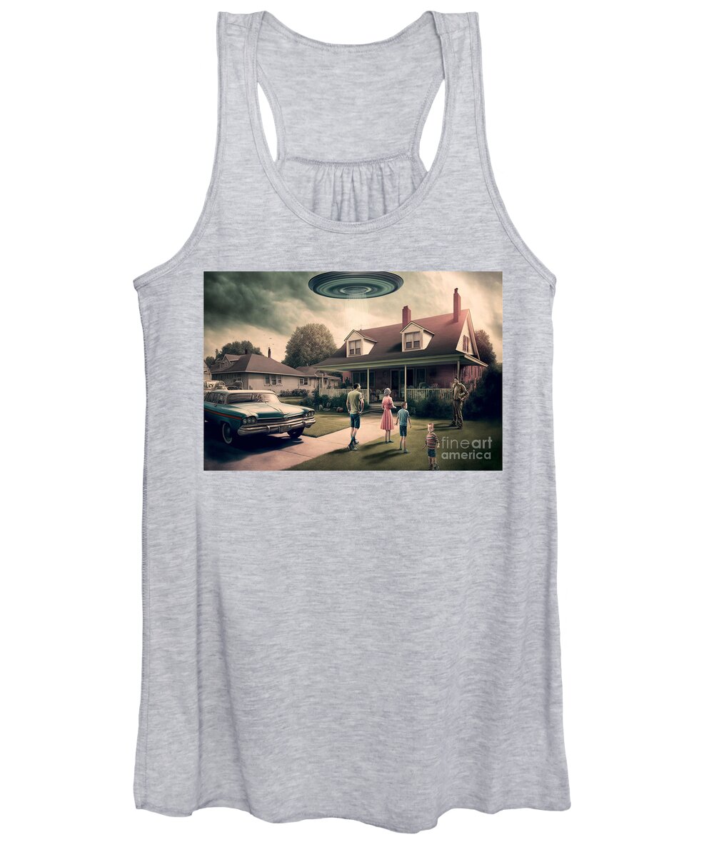 Flying Women's Tank Top featuring the mixed media Flying Saucer Frenzy III by Jay Schankman