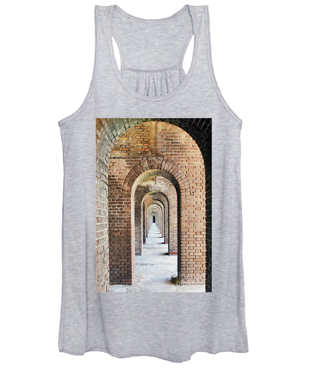 Arches; Fort Jefferson; Entryway; Doorway; Brick; Bricks; Fort; Civil War; Prison; Dry Tortugas; Key West; National Park; Park; Repetition; Perspective; Red; Gray; Vertical; Architecture; Women's Tank Top featuring the photograph Fort Jefferson Arches by Tina Uihlein