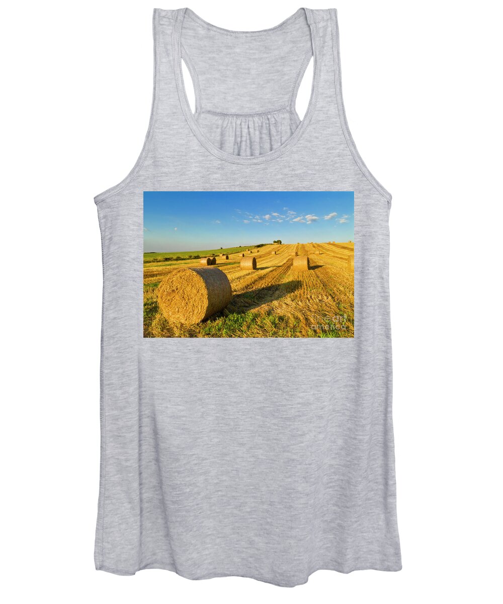 Field Women's Tank Top featuring the photograph Freshly harvested straw bales  by Neale And Judith Clark