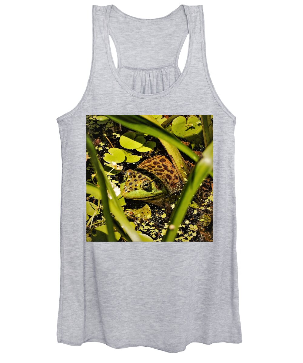 Frog Water Pond Green Leaves Eye Reptile Women's Tank Top featuring the photograph Frog by John Linnemeyer
