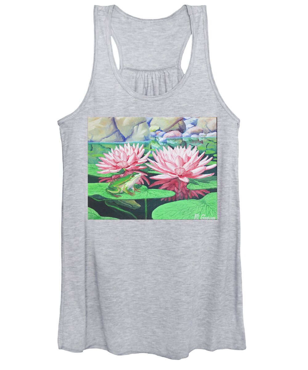 Frog Women's Tank Top featuring the painting Frog with Waterlilies by Michael Goguen