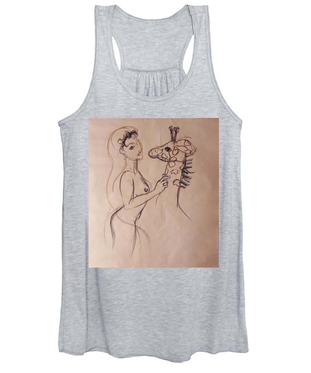 Drawing Women's Tank Top featuring the drawing Giraffe loves 1 by Lala Randela