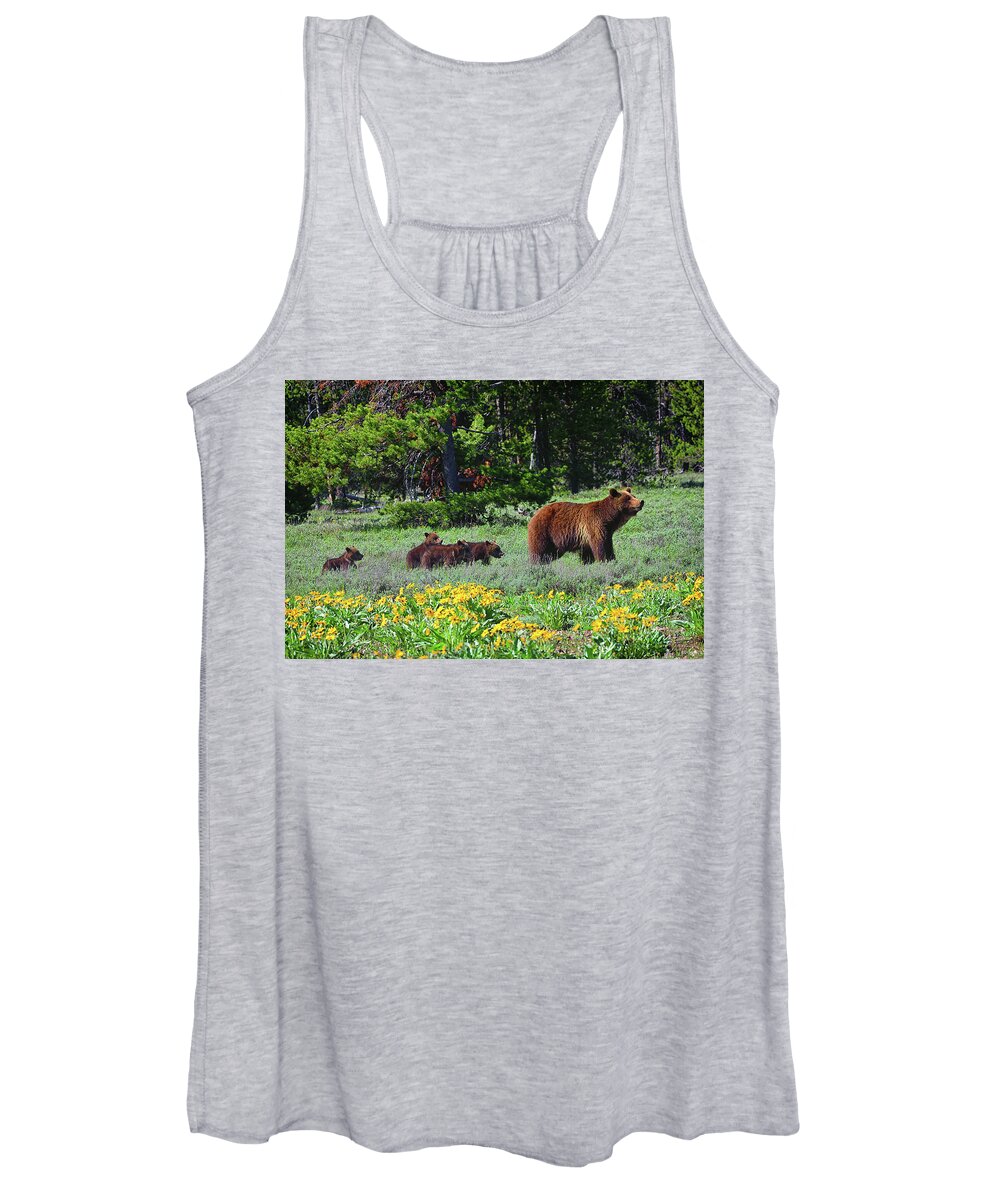 Grizzly 399 Women's Tank Top featuring the photograph Grizzly 399 and Four Cubs by Greg Norrell