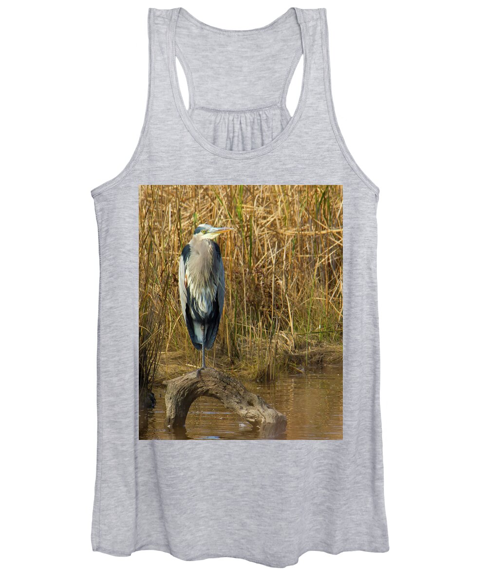 Animals Women's Tank Top featuring the photograph Heron standing on log in water by Charles Floyd
