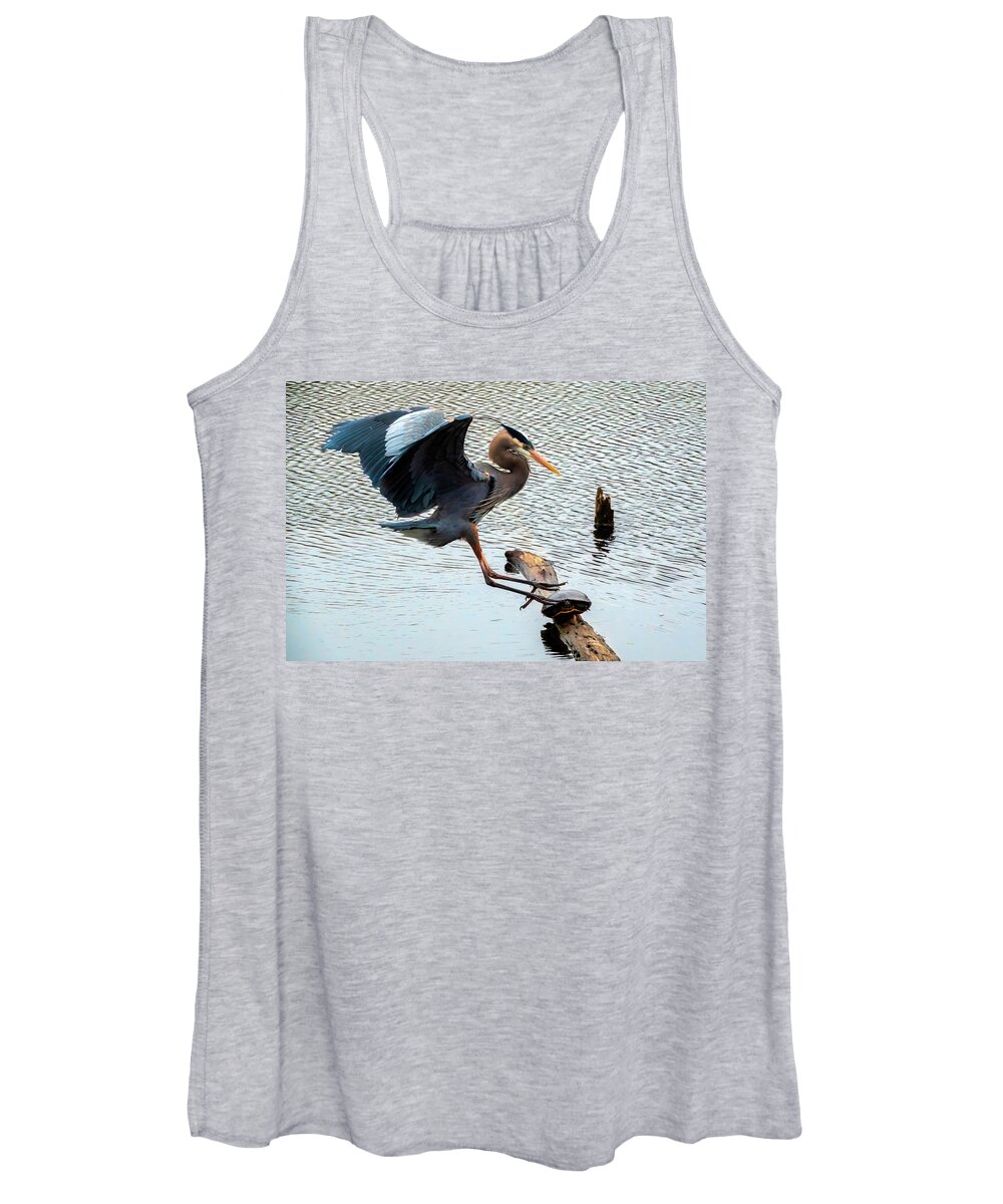 Lakes And Rivers Women's Tank Top featuring the photograph Heron Sticks the Landing by Larey McDaniel