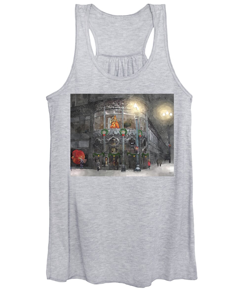 Carson Pirie Scott Women's Tank Top featuring the painting Holiday Time at Carsons - State Street Chicago by Glenn Galen