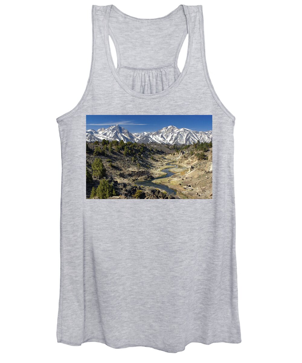 Hot Creek Women's Tank Top featuring the photograph Hot Creek and Snow Peaked Sherwin Range by Bonnie Colgan
