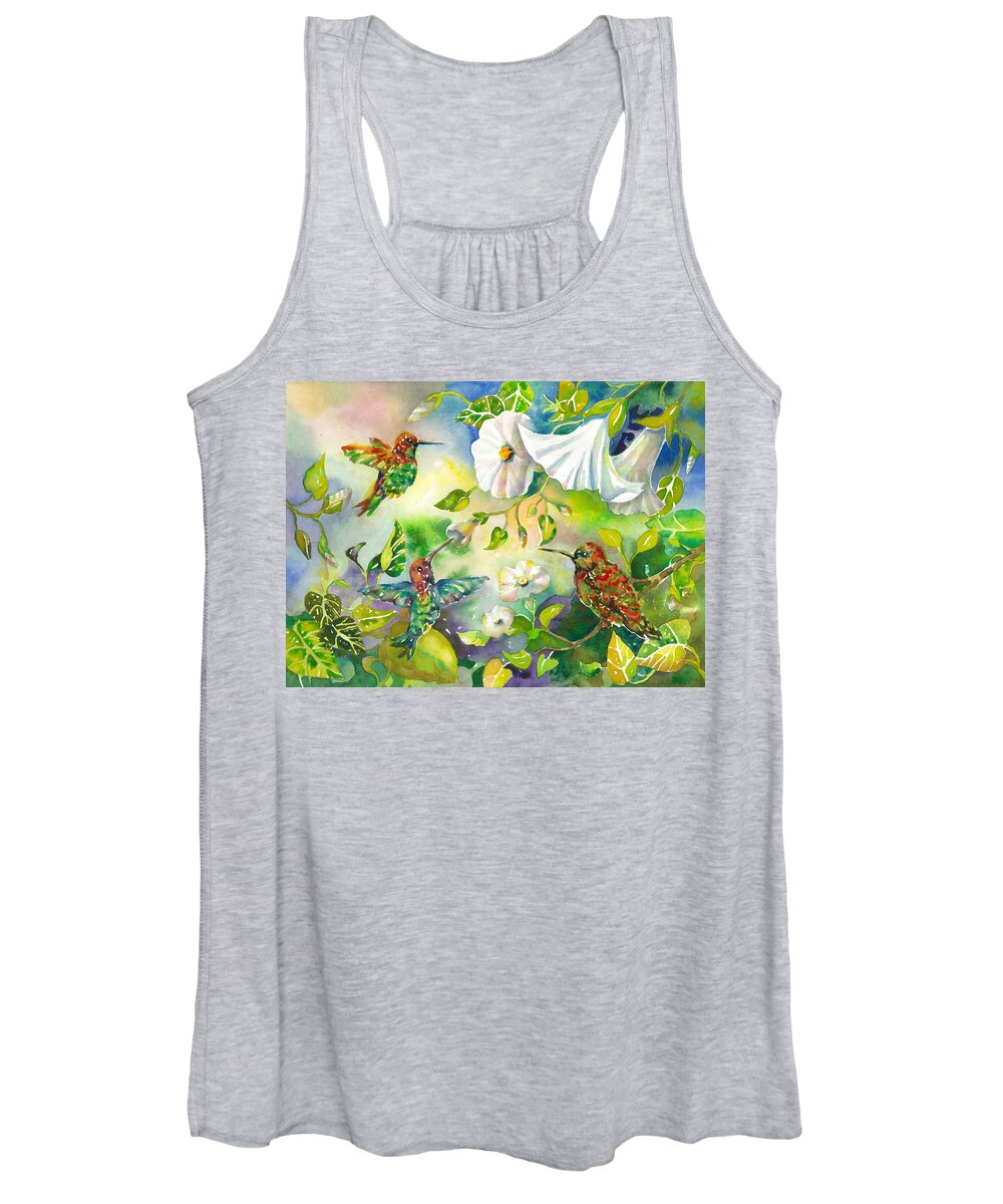 Hummingbirds Women's Tank Top featuring the painting Hummingbirds and Morning Glories by Ann Nicholson