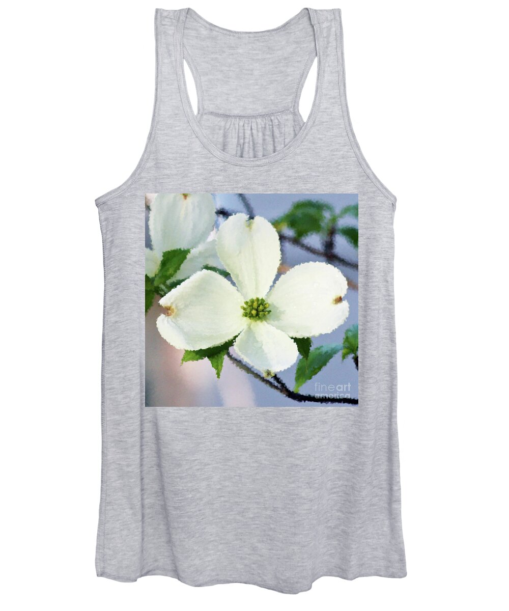 Dogwood; Dogwood Blossom; Blossom; Flower; Impressionist; Macro; Close Up; Petals; Green; White; Blue; Calm; Square; Pastel; Leaves; Tree; Branches Women's Tank Top featuring the digital art Impression Dogwood 3 by Tina Uihlein