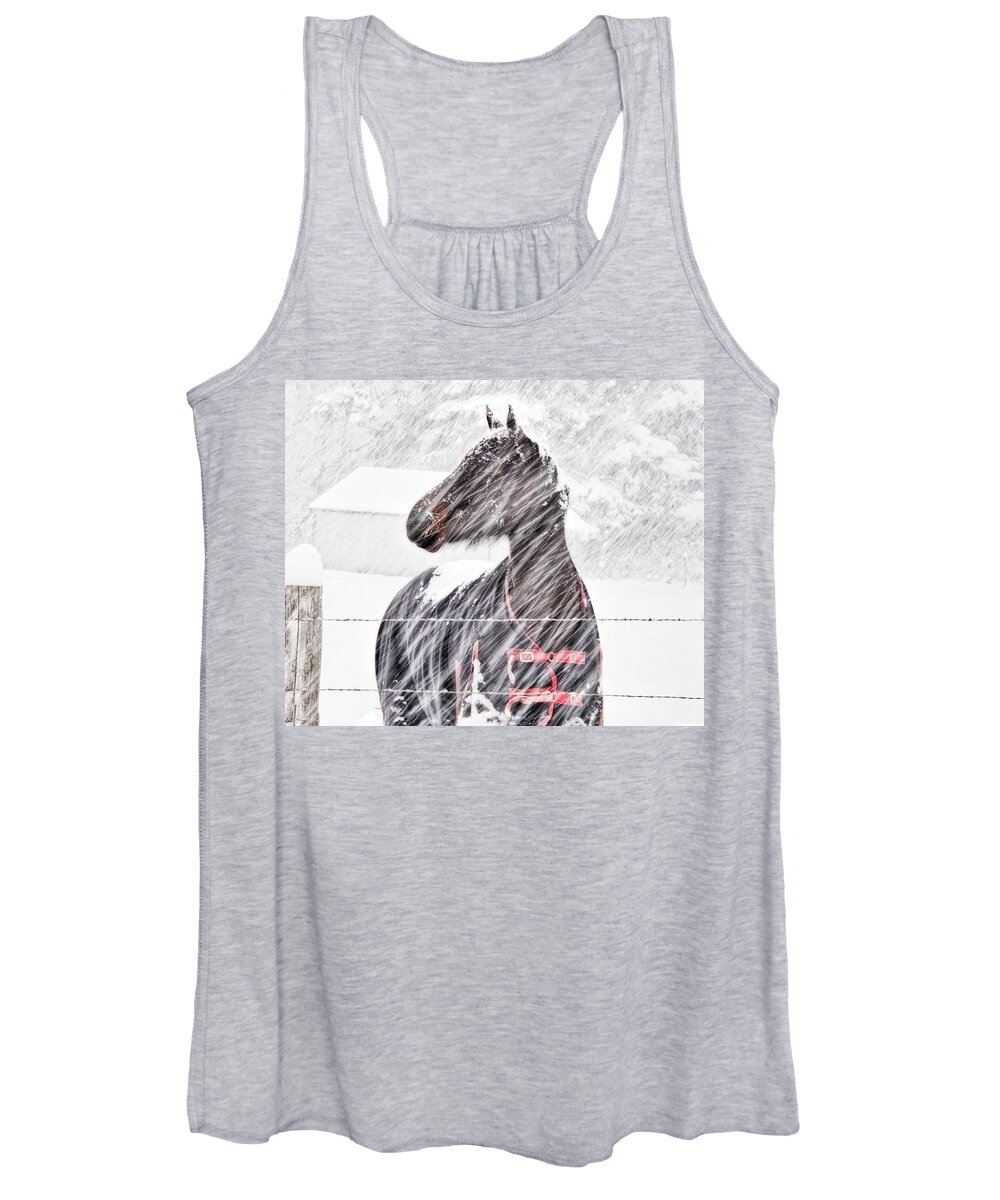 Horse;snow;plowing;white;winter;fence; Women's Tank Top featuring the photograph In The Snow by Eggers Photography