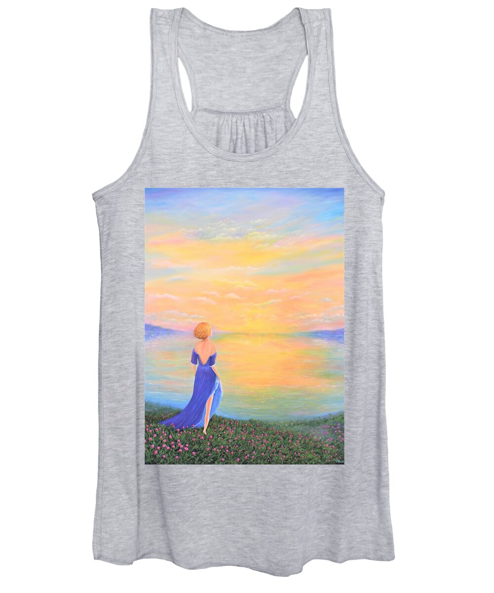 Wall Art Home Décor Oil Painting Sunrise Wildflowers Face Women's Tank Top featuring the painting Infinite dreams by Tanya Harr
