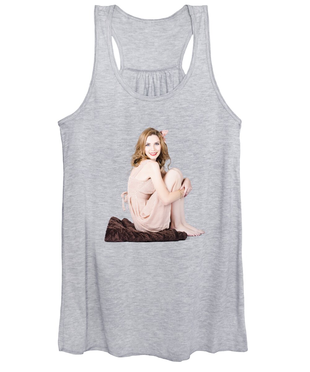 Beauty Women's Tank Top featuring the photograph Isolated pinup girl sitting on soft blanket by Jorgo Photography