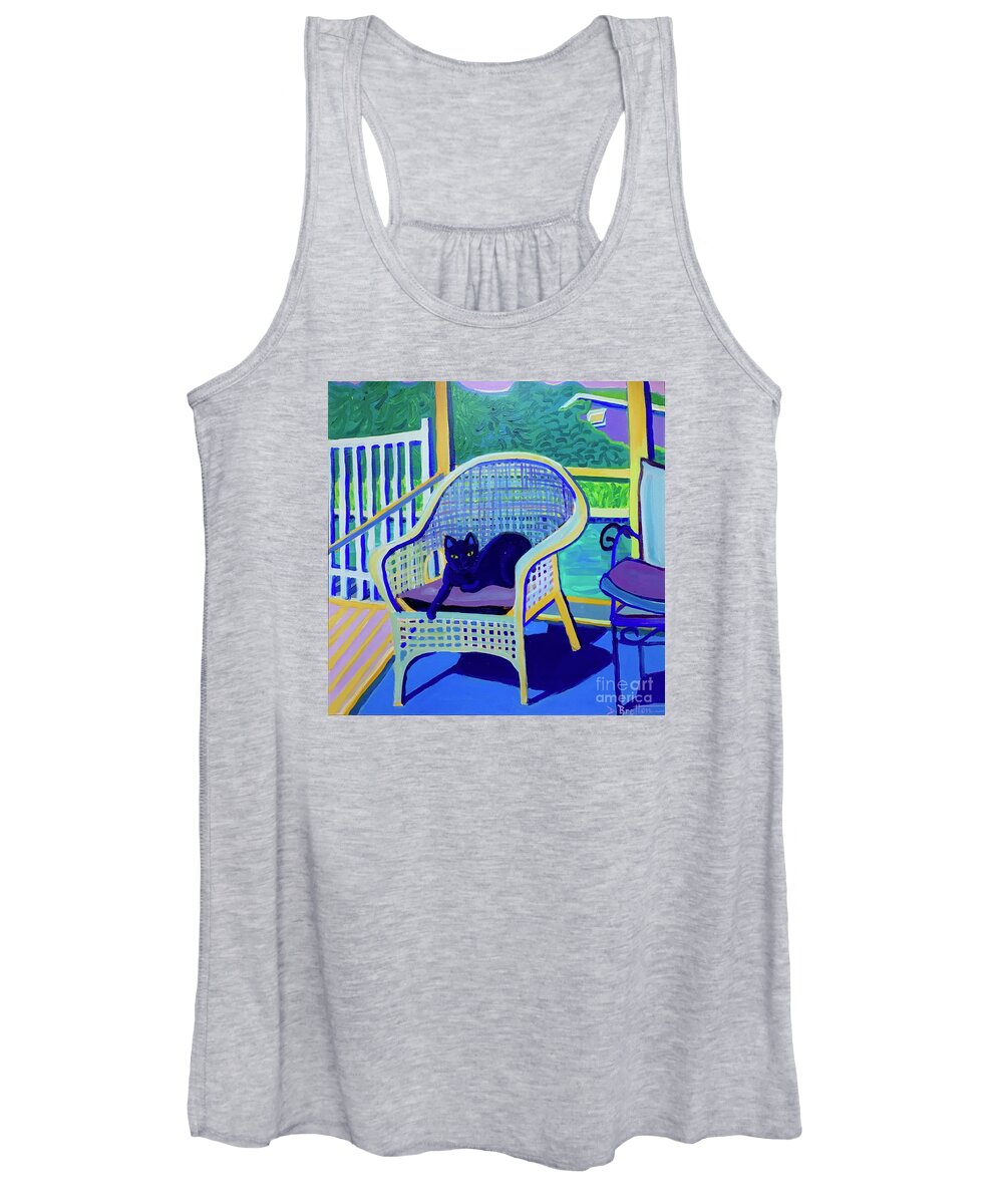 Black Cat Women's Tank Top featuring the painting King Louis in the Screened Porch by Debra Bretton Robinson