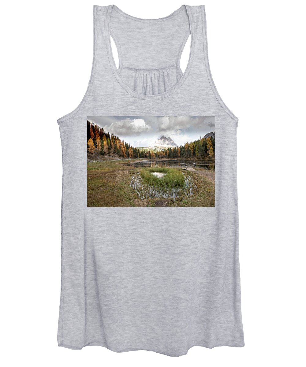 Lago Di Antorno Women's Tank Top featuring the photograph Lago di antorno lake and Tre cime di lavadero mountain reflection in autumn. Forest landscape South tyrol Italy by Michalakis Ppalis