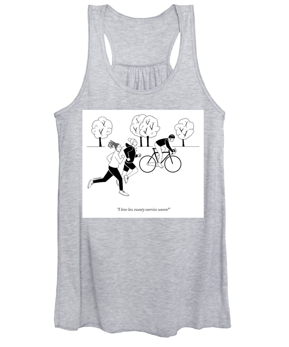 “i Love Less Sweaty Exercise Season!” Exercise Women's Tank Top featuring the drawing Less Sweaty Exercise Season by Maggie Larson