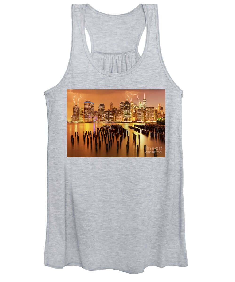Lightning Storm Women's Tank Top featuring the photograph Lightening Strikes over New York Skyline by Neale And Judith Clark