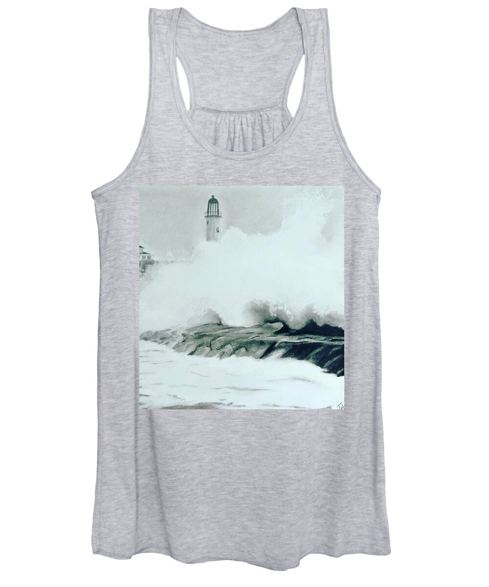Ocean Women's Tank Top featuring the drawing Lighthouse Surf and Spray by Tracy Hutchinson