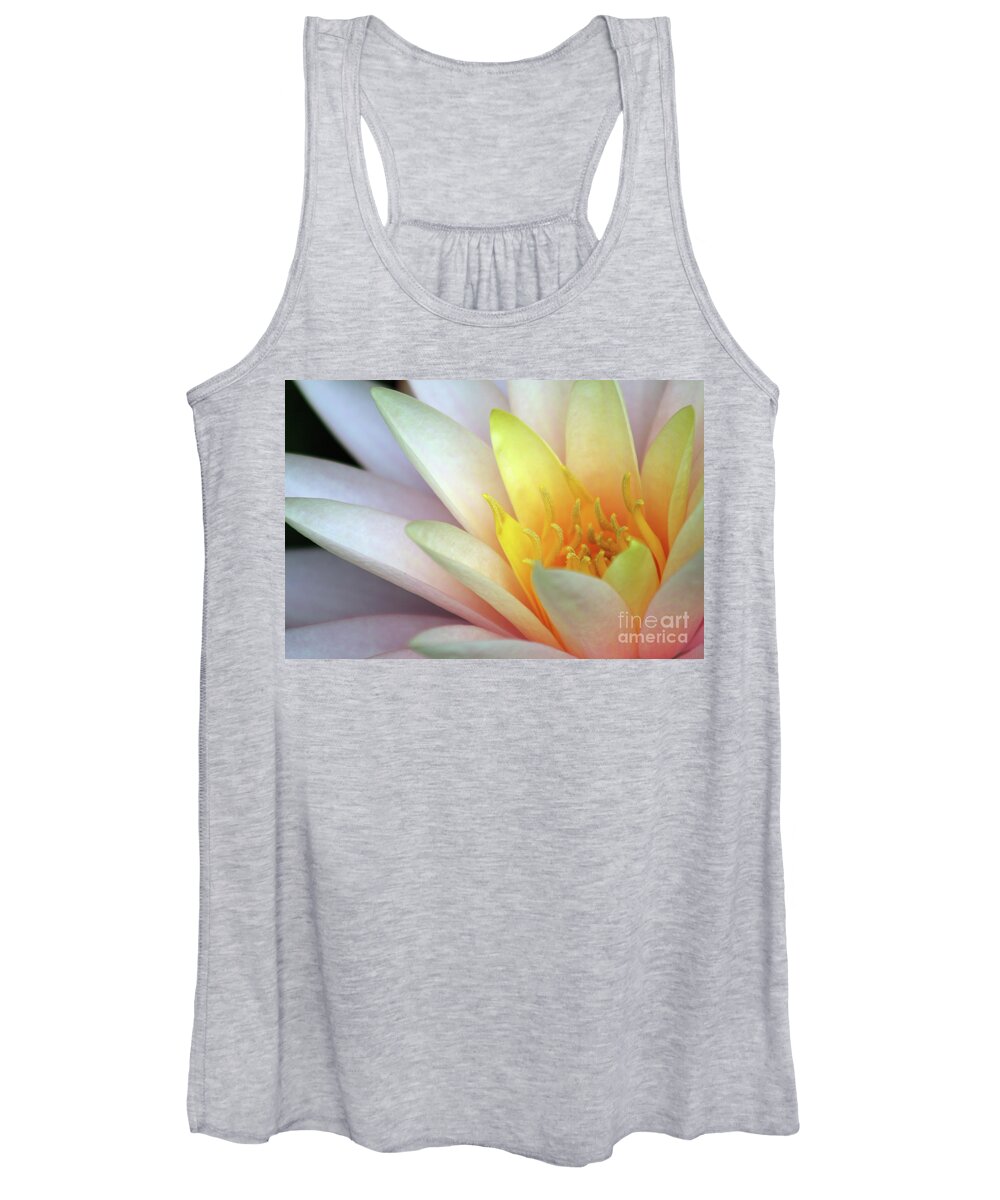 Water Lily; Water Lilies; Lily; Lilies; Flowers; Flower; Floral; Flora; Yellow; White Water Lily; White Flowers; Pink Flowers; Pink Lily; Black; Pink; Digital Art; Photography; Painting; Simple; Decorative; Décor; Macro; Close-up Women's Tank Top featuring the photograph Lily Close-Up #2 by Tina Uihlein
