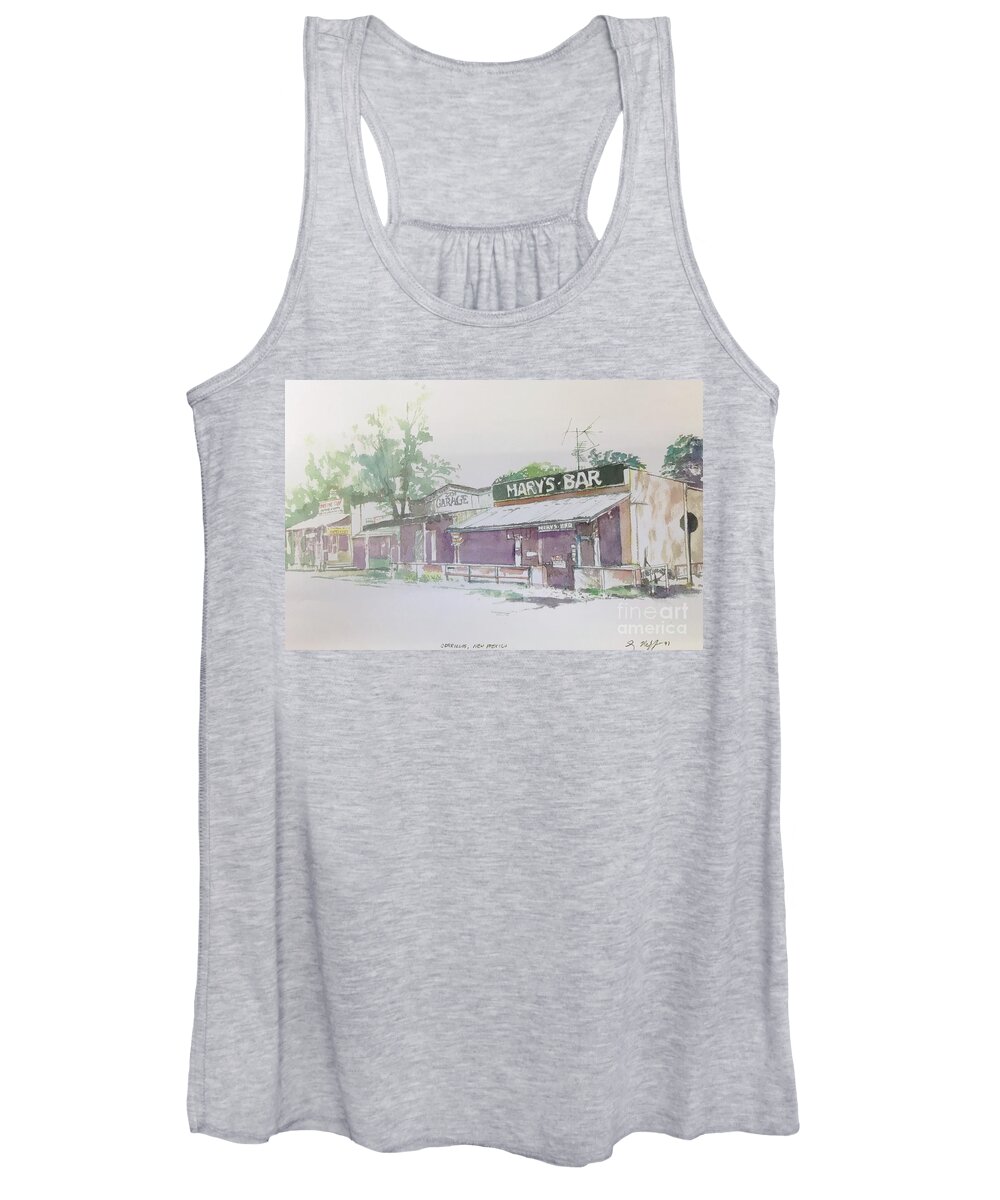 Watercolor Prints Women's Tank Top featuring the painting Marys Bar Cerrillos by Glen Neff