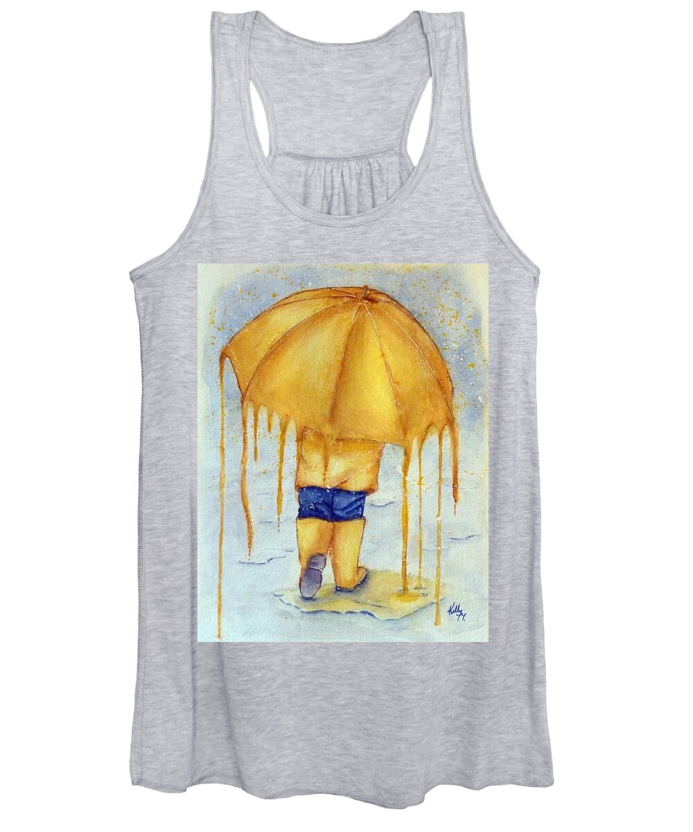 Yellow Umbrella Women's Tank Top featuring the painting Melting Yellow Umbrella by Kelly Mills