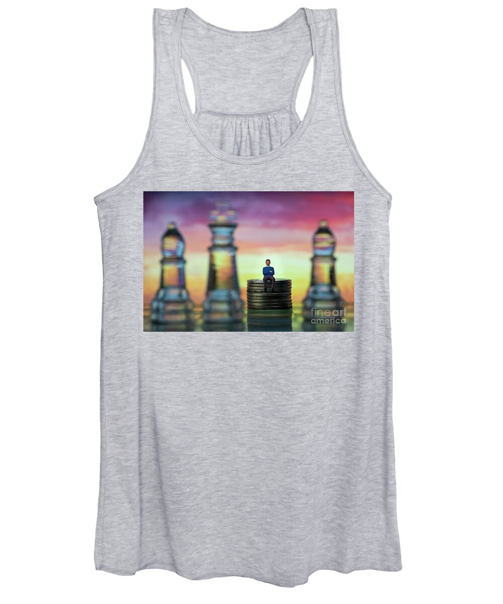 Rule Women's Tank Top featuring the photograph Miniature figure people as businessman standing up face to face to King chess piece on chessboard. macro by Pablo Avanzini
