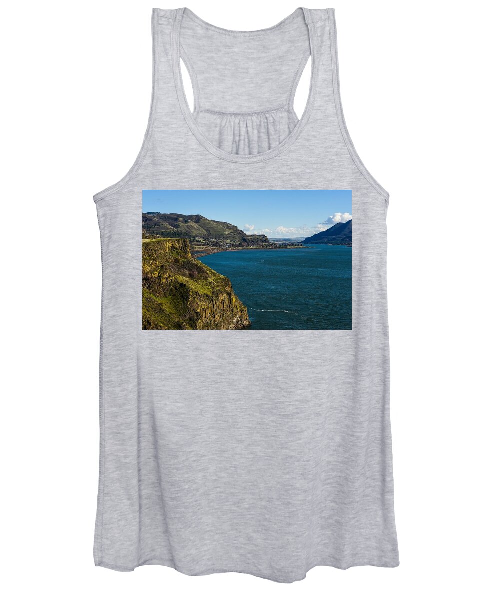 Mossy Cliffs On The Columbia Women's Tank Top featuring the photograph Mossy Cliffs on the Columbia by Tom Cochran
