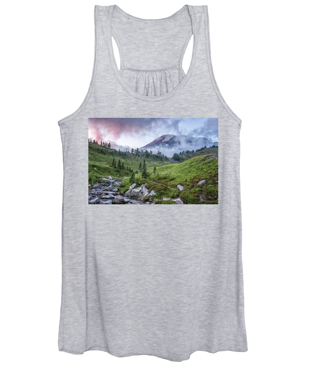 Mount Rainier Women's Tank Top featuring the photograph Mount Rainier and Edith Creek at Sunset by Belinda Greb