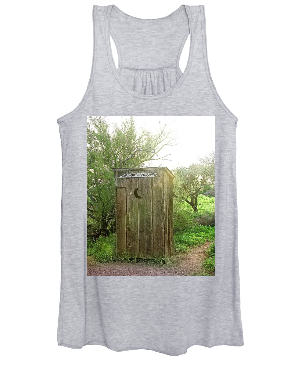Outhouse Women's Tank Top featuring the photograph Never Squat With Your Spurs On by Don Schimmel