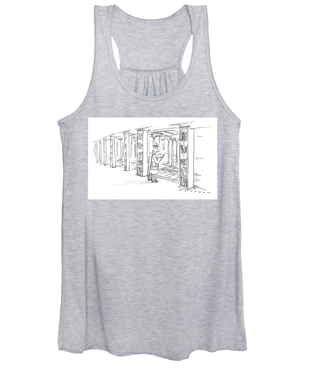 85080 Bwo Bill Woodman (man Standing On Subway Platform. Each Pillar Is A Shelf Of Books Labeled mystery Women's Tank Top featuring the drawing New Yorker January 14th, 1985 by Bill Woodman