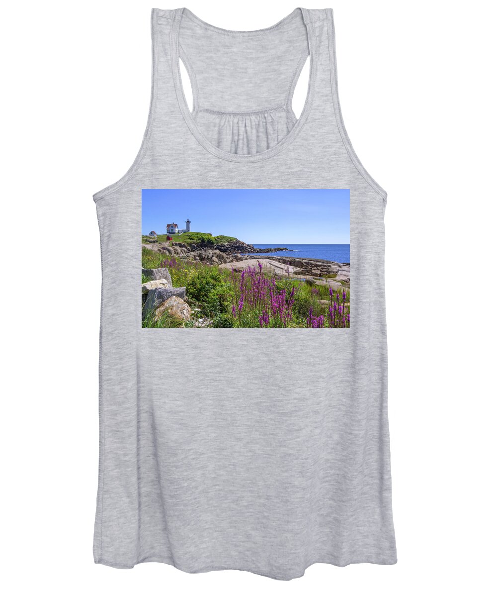 Maine Women's Tank Top featuring the photograph Nubble Light Flowers by White Mountain Images