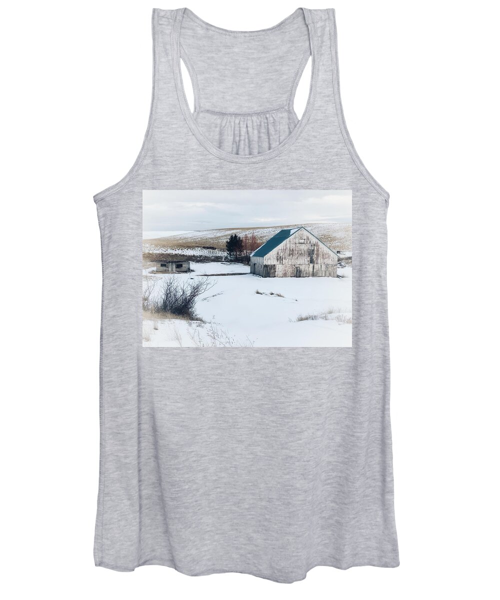 Barn Women's Tank Top featuring the photograph Old White Barn in Snow by Jerry Abbott