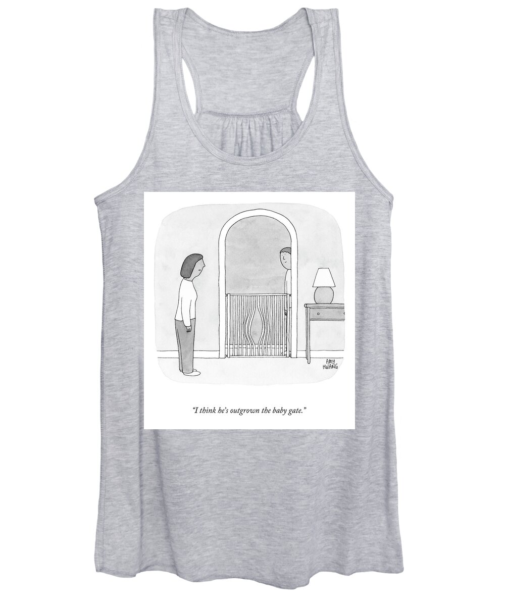 “i Think He’s Outgrown The Baby Gate.” Baby Gate Women's Tank Top featuring the drawing Outgrown the Baby Gate by Amy Hwang