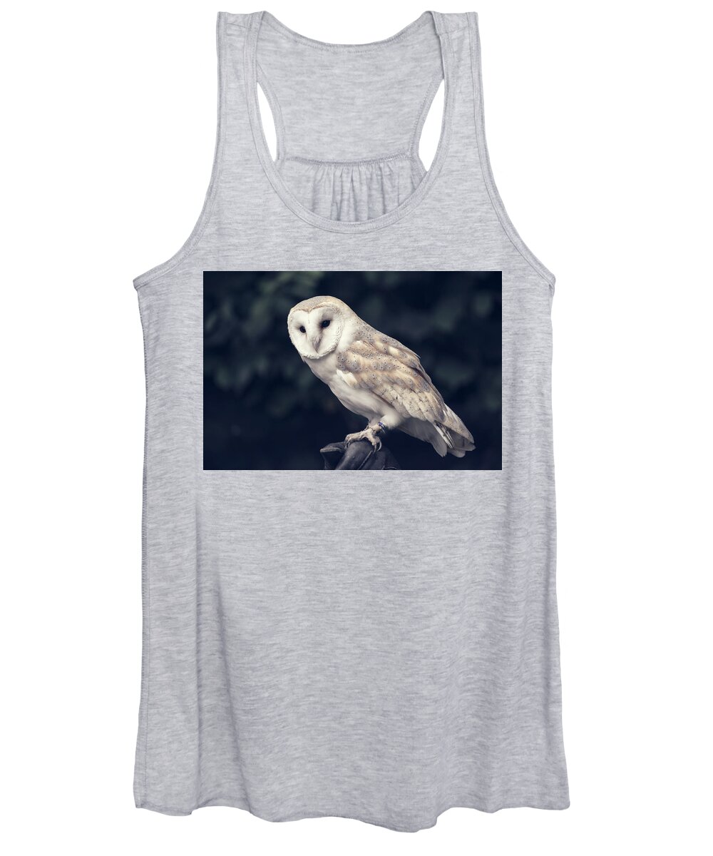 Owl Women's Tank Top featuring the photograph Owl sitting on a glove by Andrew Lalchan