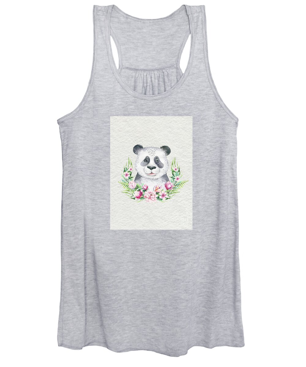 Panda Women's Tank Top featuring the painting Panda Bear With Flowers by Nursery Art