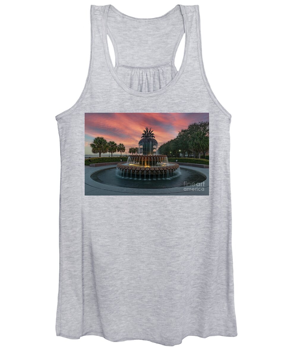 Pineapple Fountain Women's Tank Top featuring the photograph Pineapple Fountain Sunset - Charleston - Waterfront Park by Dale Powell