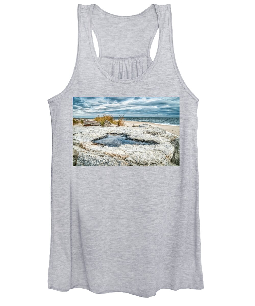 Rock Women's Tank Top featuring the photograph Pooling In The Beach Rock by Gary Slawsky