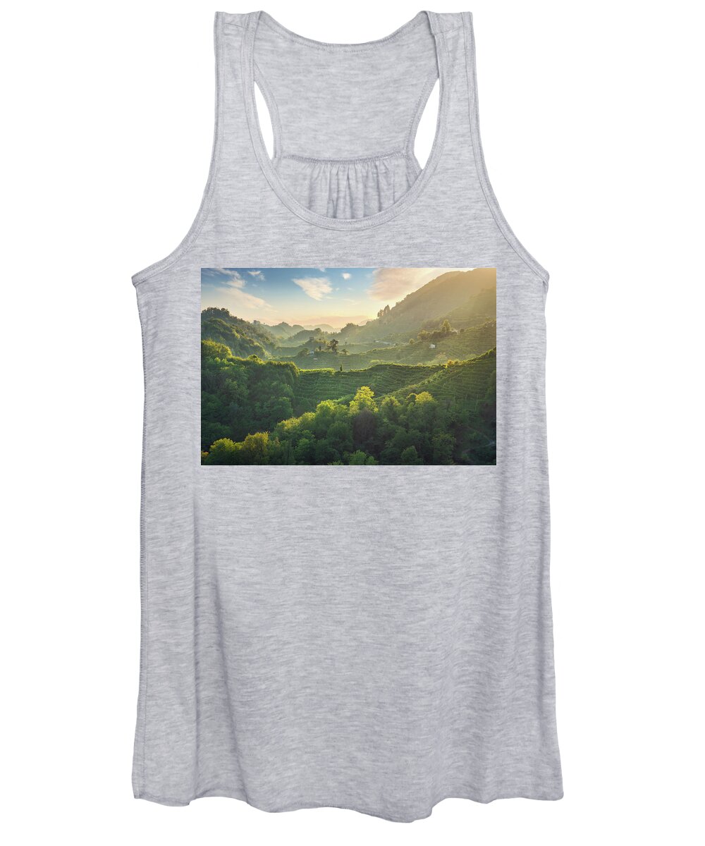 Prosecco Women's Tank Top featuring the photograph Prosecco Hills hogback, vineyards at sunset. Unesco Site. Italy by Stefano Orazzini