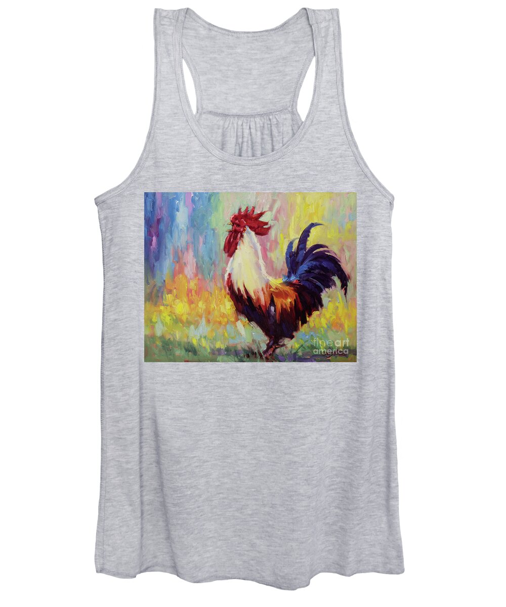 Roosters Original Rooster Oil Painting Gary Modern impressionism paintings Impressionistic Rooster Oil Painting Commission Original Oil Painting Impressionism Impressionist Painting Techniques Impressionist Style painting oil on Canvas Series Of Chicken Nature Feathers Proudness Rooster The Proud Rooster Walks Through The Tall Grass In Search Hens Animal Styles Impressionism Rooster farm chicken Original Impressionist Oil Painting landscape Richly Colored Textured Paint Stroke Unique Women's Tank Top featuring the painting Proud Rooster Crowing in the Morning by Gary Kim