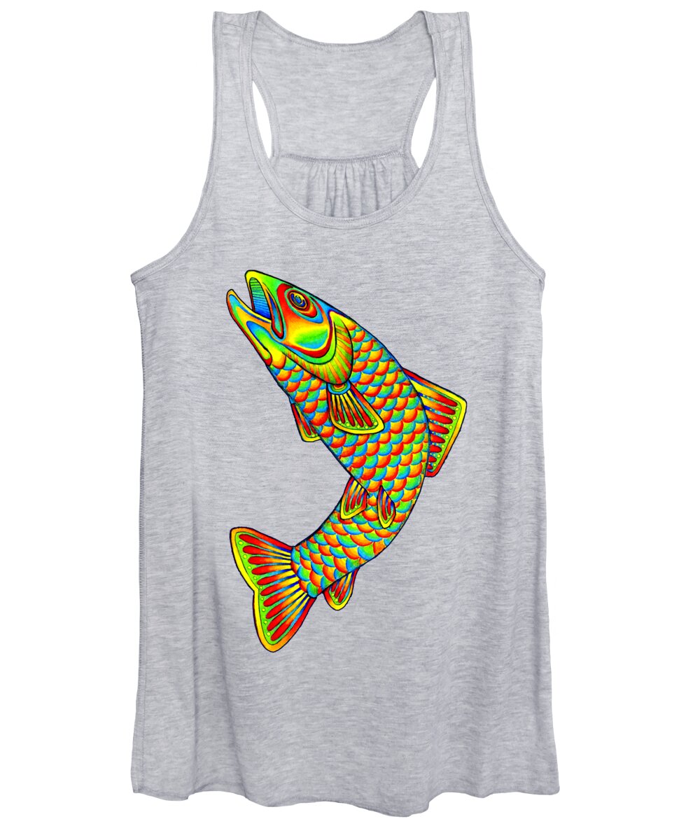 Psychedelic Women's Tank Top featuring the drawing Psychedelic Rainbow Trout Fish by Rebecca Wang