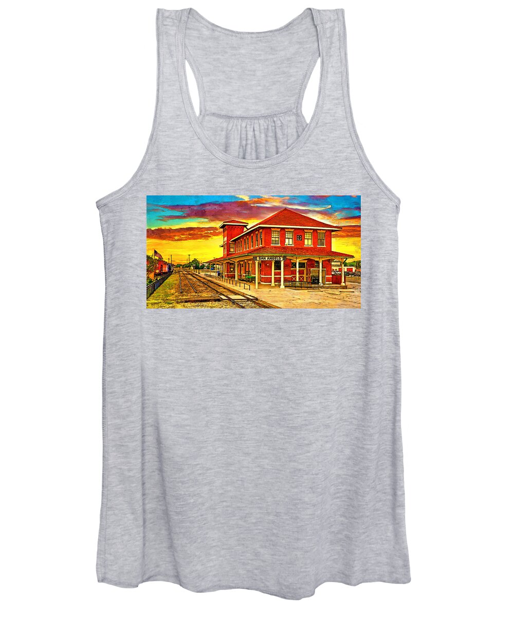 Railway Museum Women's Tank Top featuring the digital art Railway Museum of San Angelo, Texas, at sunset - digital painting by Nicko Prints